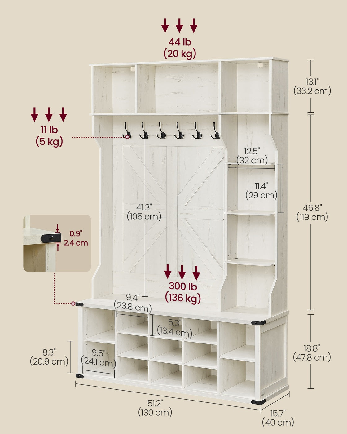 VASAGLE Hall Tree with Bench and Shoe Storage – Rustic White