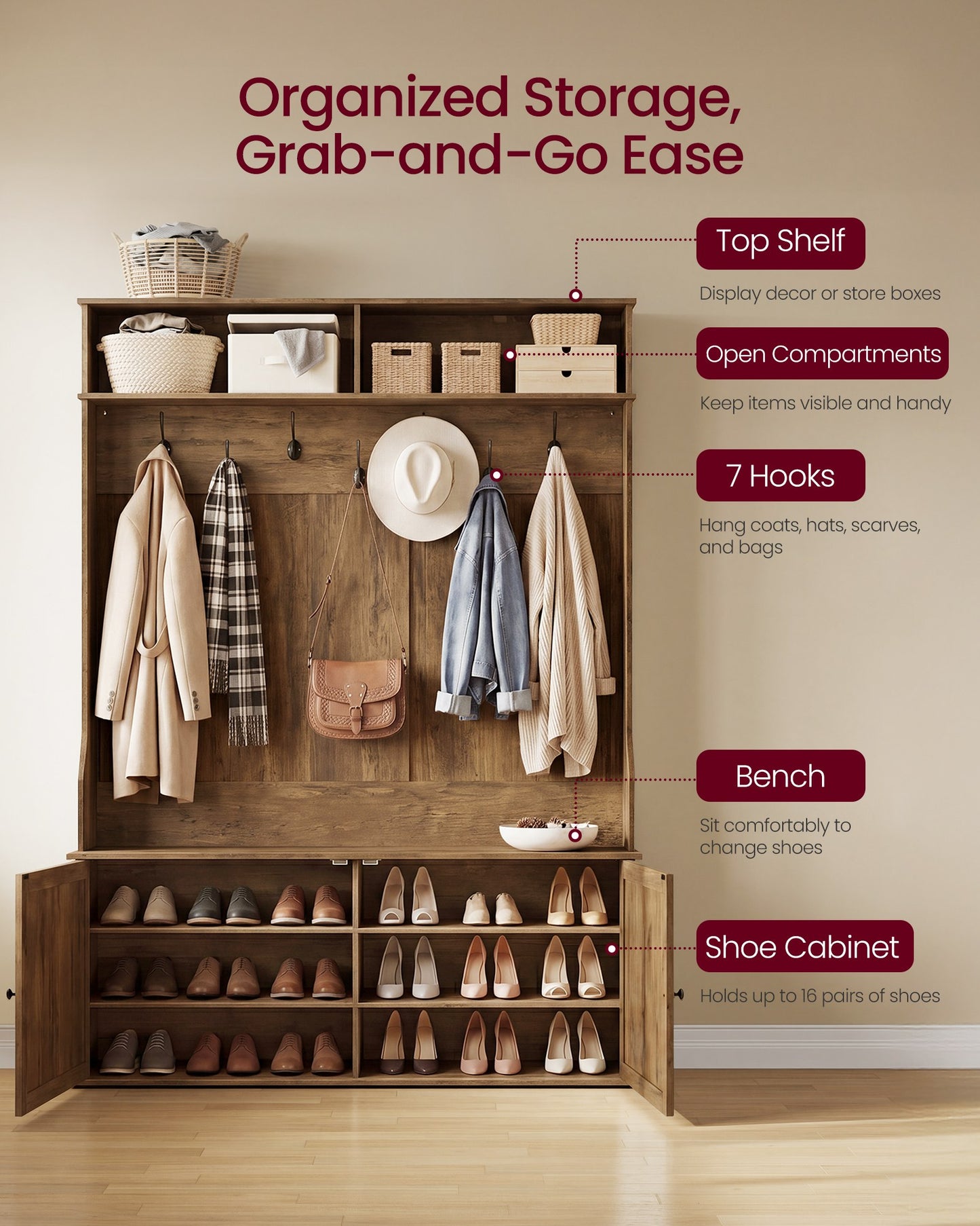 VASAGLE Hall Tree with Bench and Shoe Storage