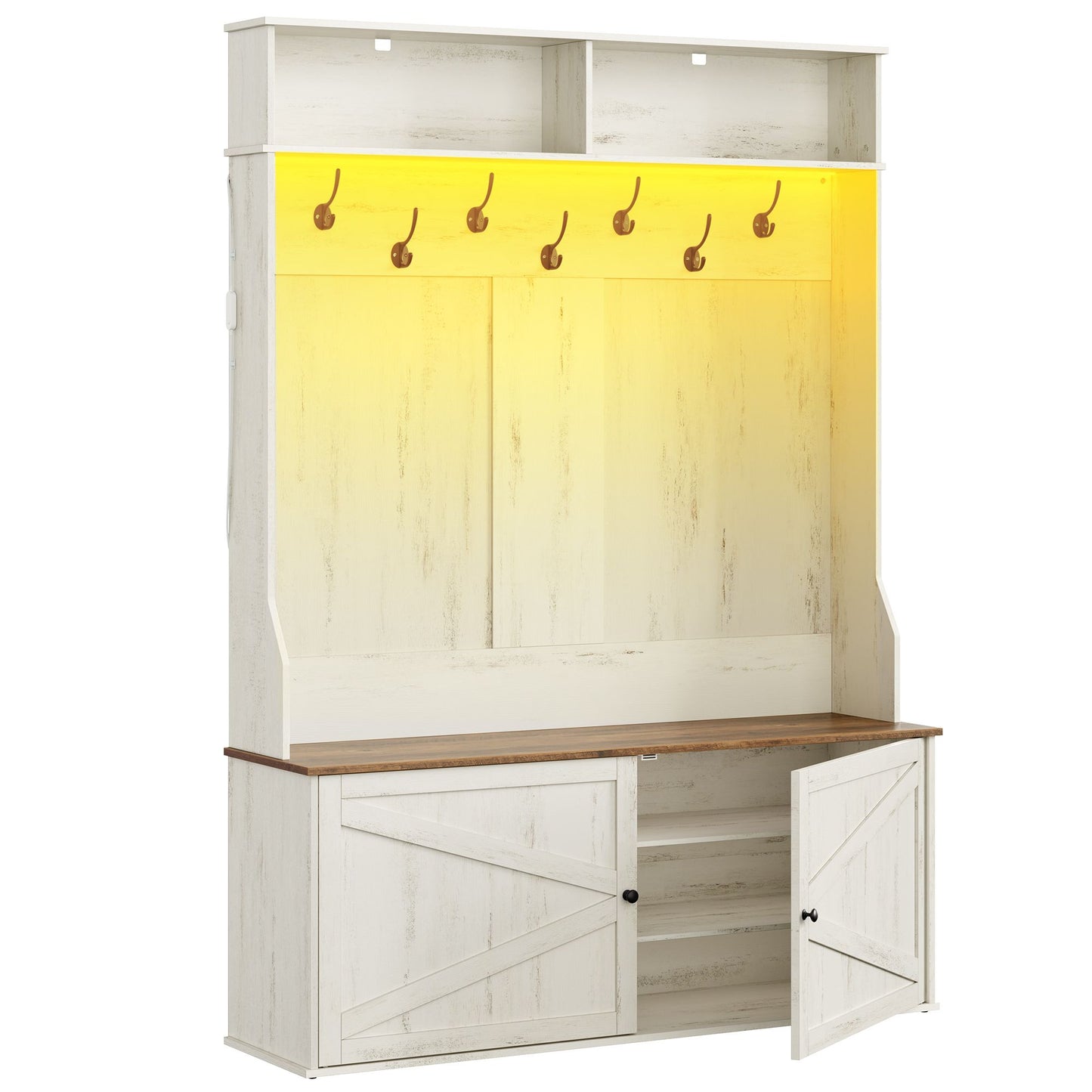 VASAGLE Farmhouse Hall Tree with Bench Shoe Storage and LED Light – Rustic White
