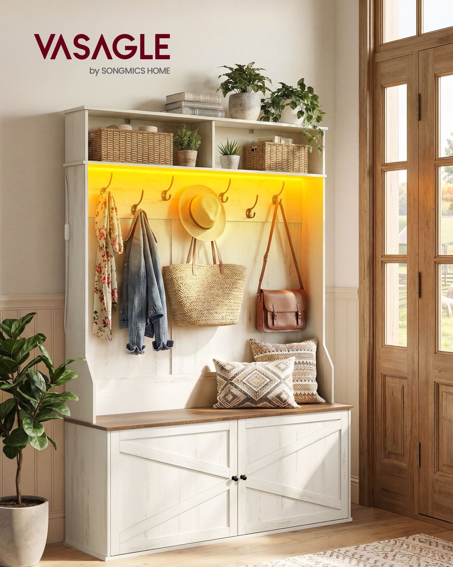 VASAGLE Farmhouse Hall Tree with Bench Shoe Storage and LED Light – Rustic White
