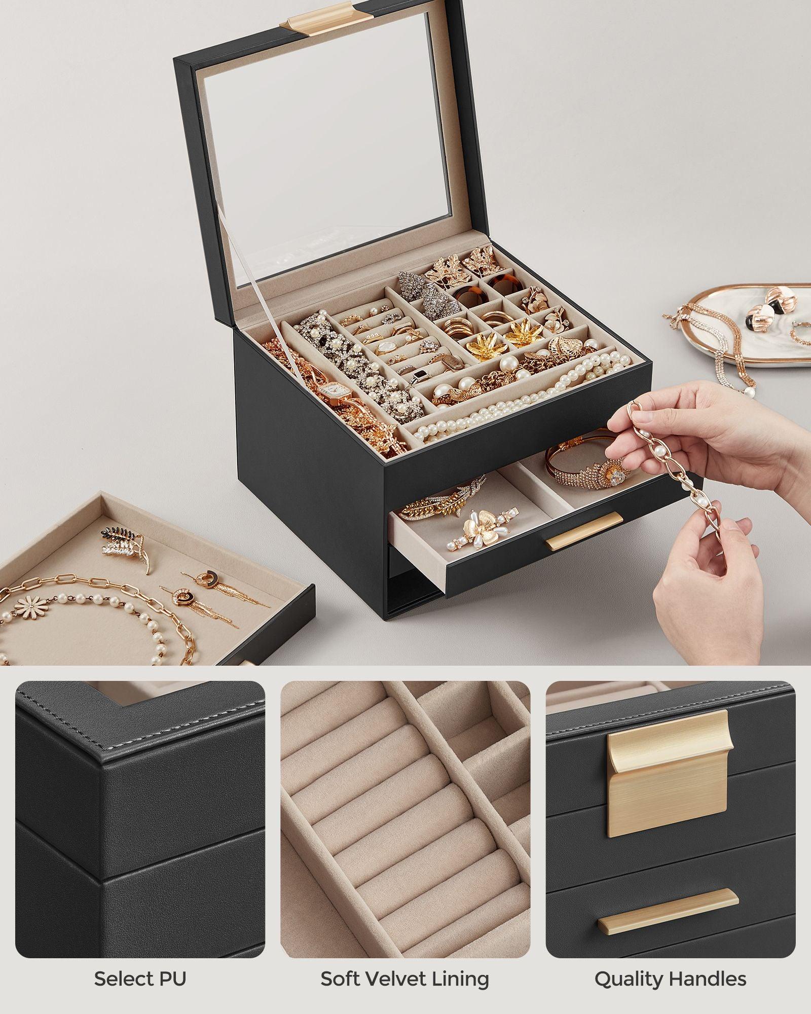 Jewelry Box with Glass Lid, 4-Layer Jewelry Organizer, 3 Drawers, for Big and Small Jewelry FredCo