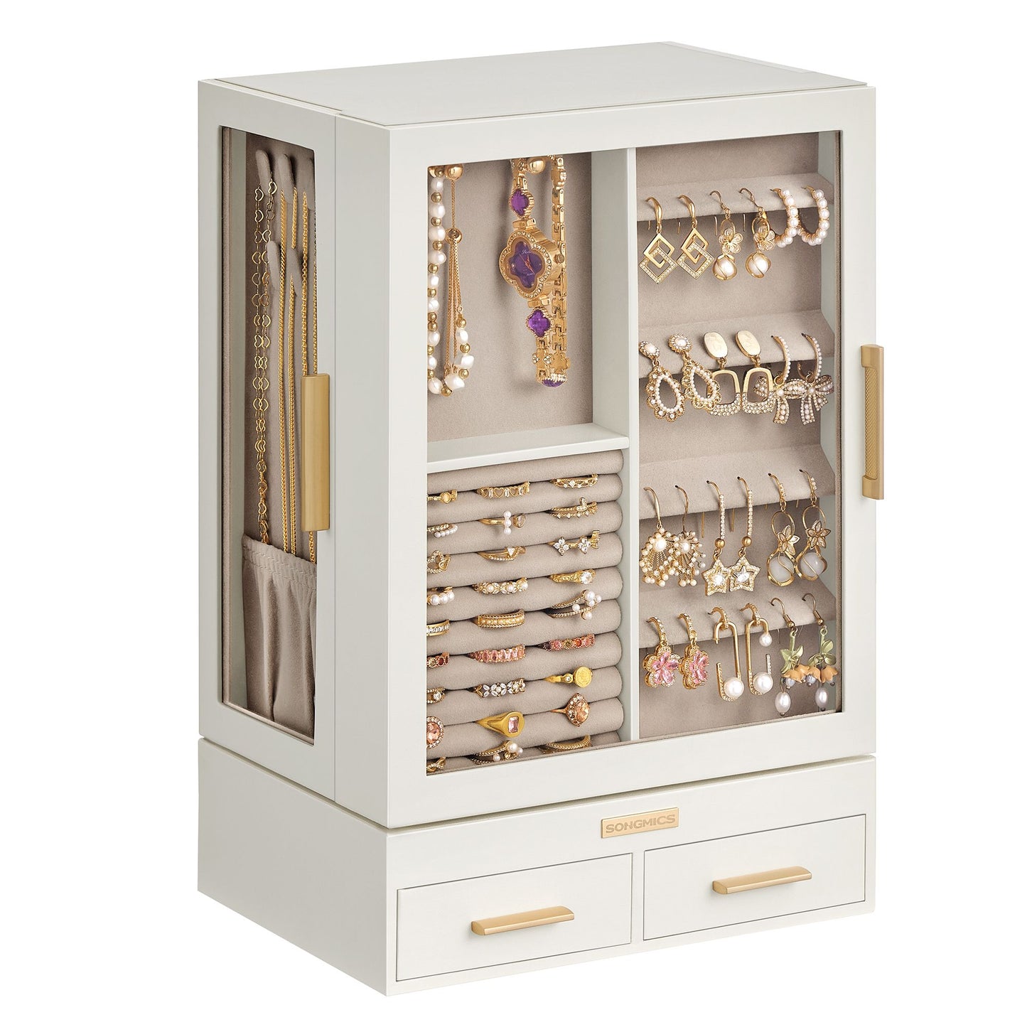 SONGMICS Jewelry Box, 360° Rotating Jewelry Organizer, Glass Door – Cream White and Tan