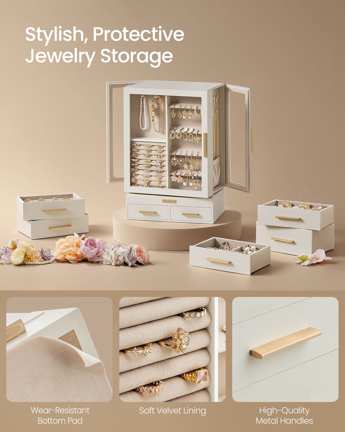 SONGMICS Jewelry Box, 360° Rotating Jewelry Organizer, Glass Door – Cream White and Tan