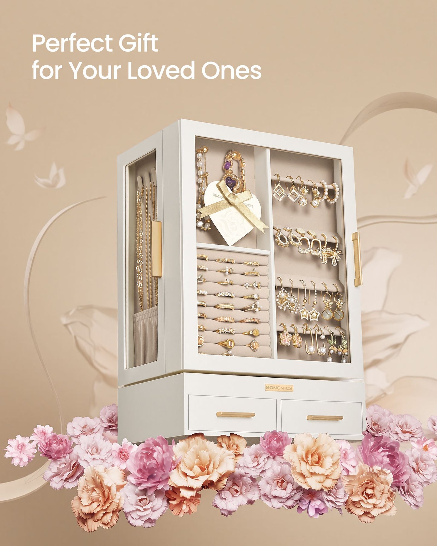 SONGMICS Jewelry Box, 360° Rotating Jewelry Organizer, Glass Door – Cream White and Tan