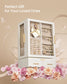 SONGMICS Jewelry Box, 360° Rotating Jewelry Organizer, Glass Door – Cream White and Tan