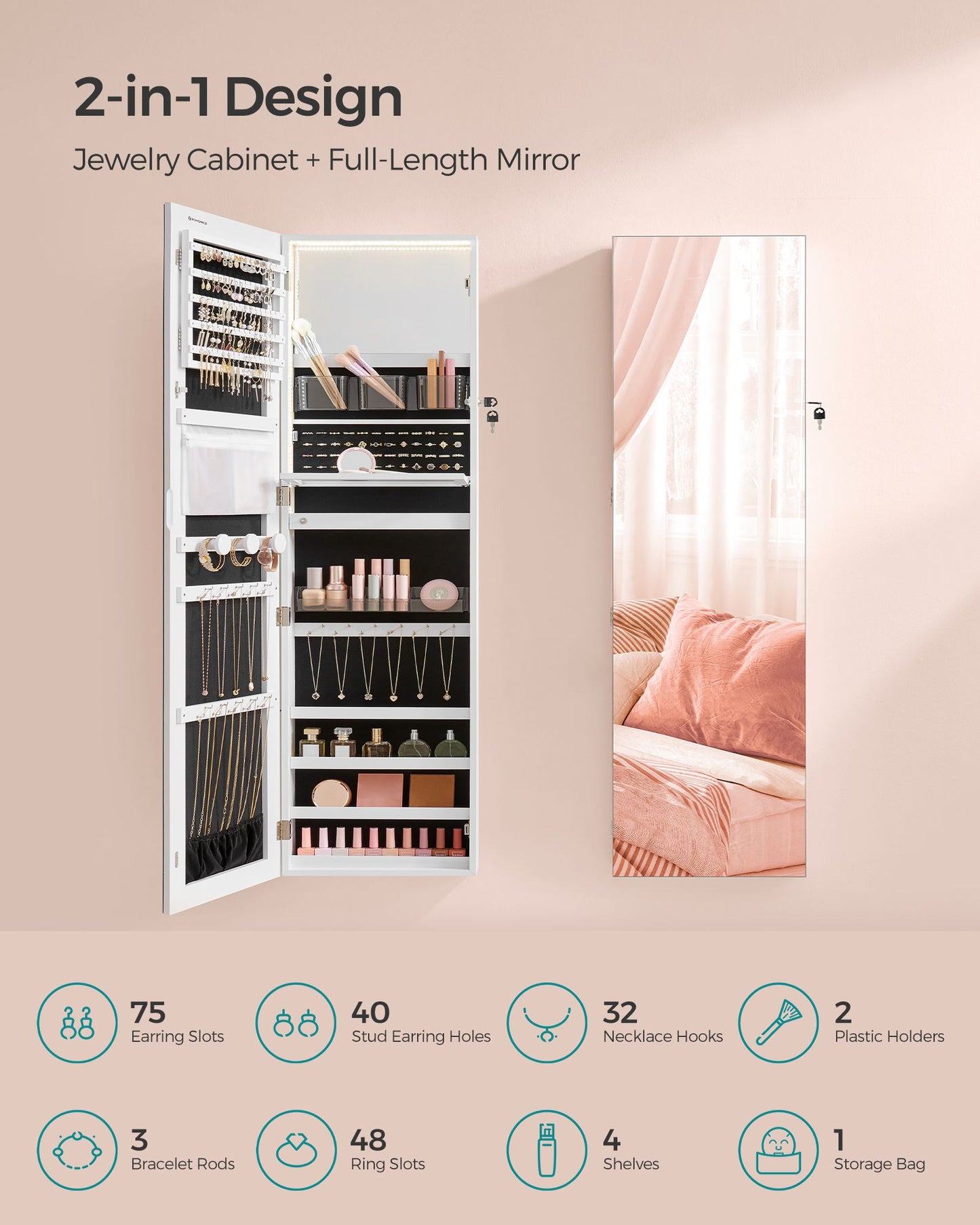 SONGMICS 55 Inches Tall Spacious Jewelry Cabinet – Cloud White