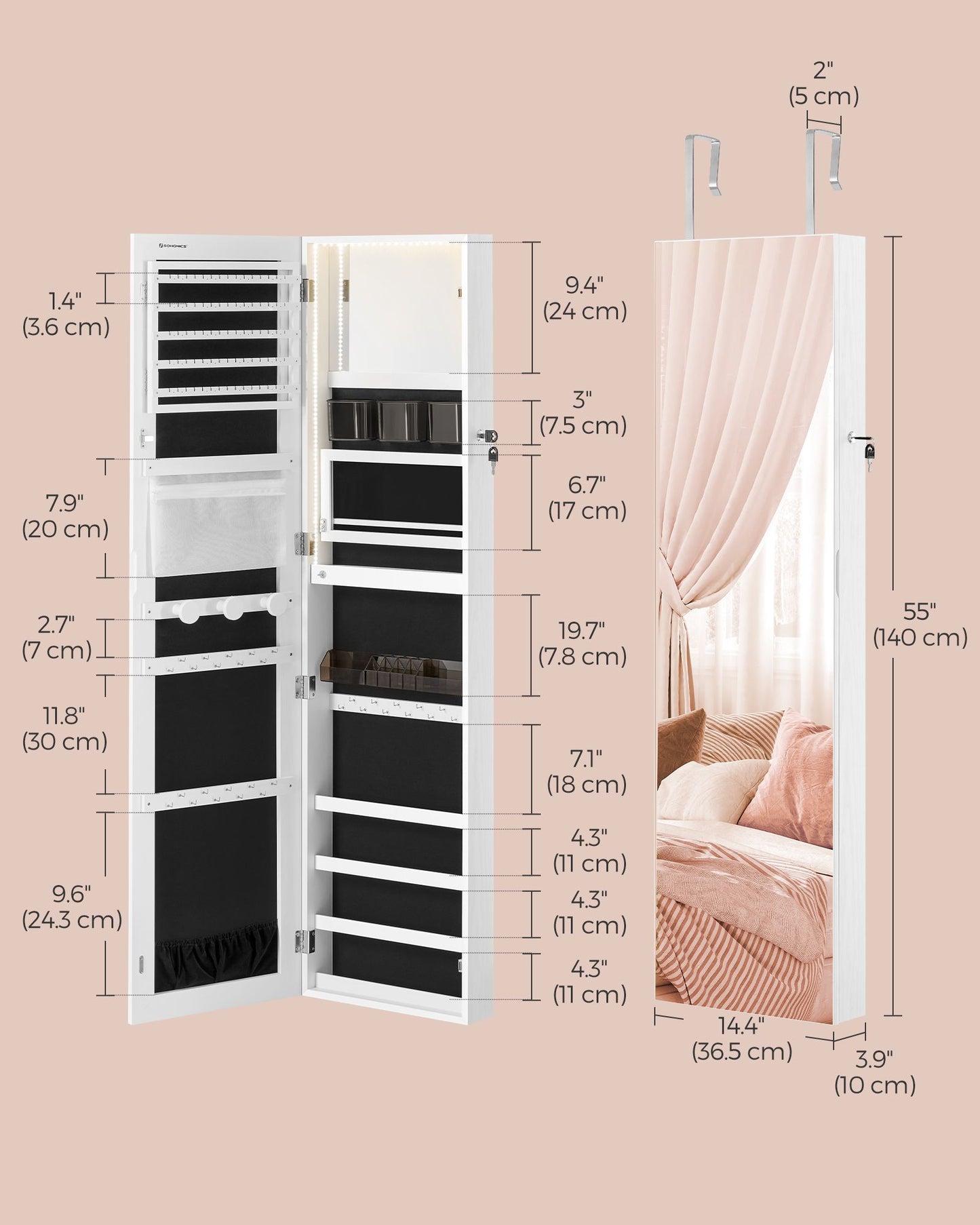 SONGMICS 55 Inches Tall Spacious Jewelry Cabinet – Cloud White