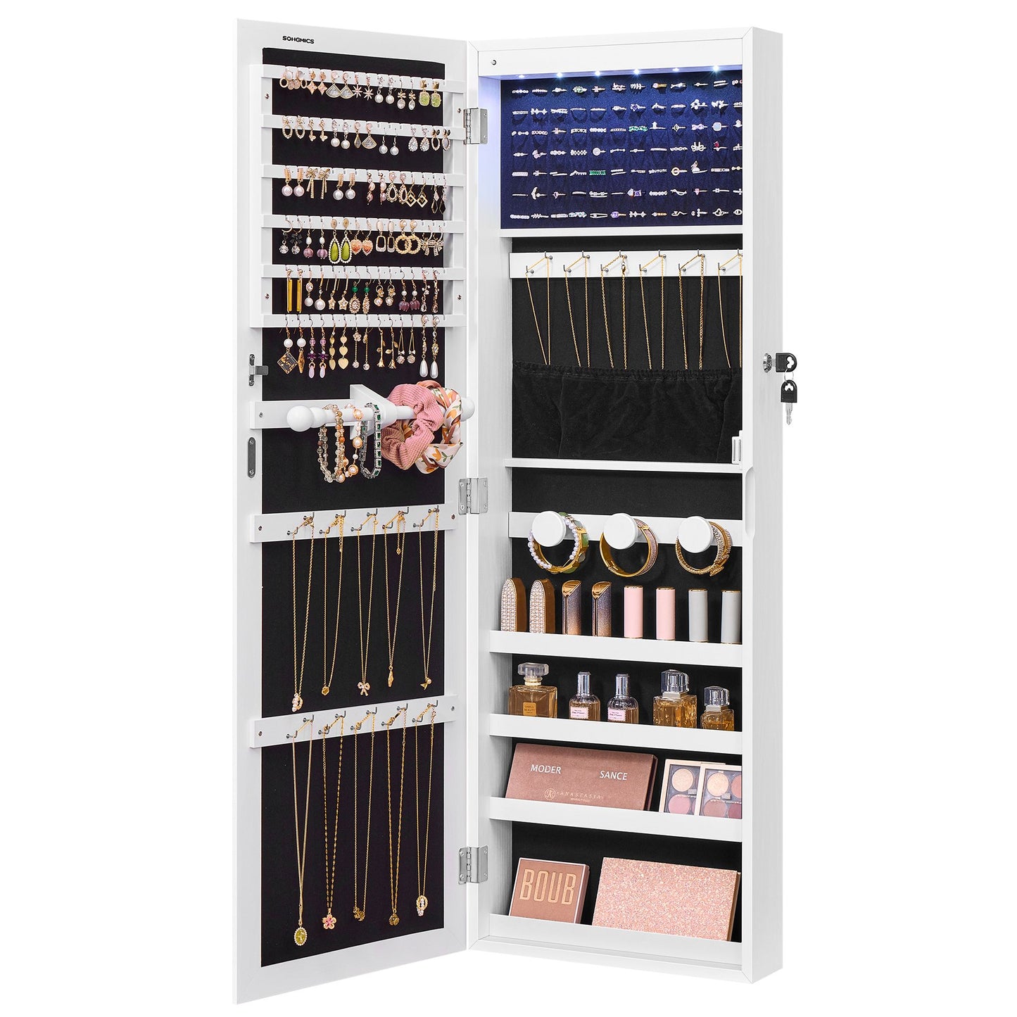 SONGMICS Jewelry Cabinet with LED Lights and Full Length Mirror White – Ink Black and White