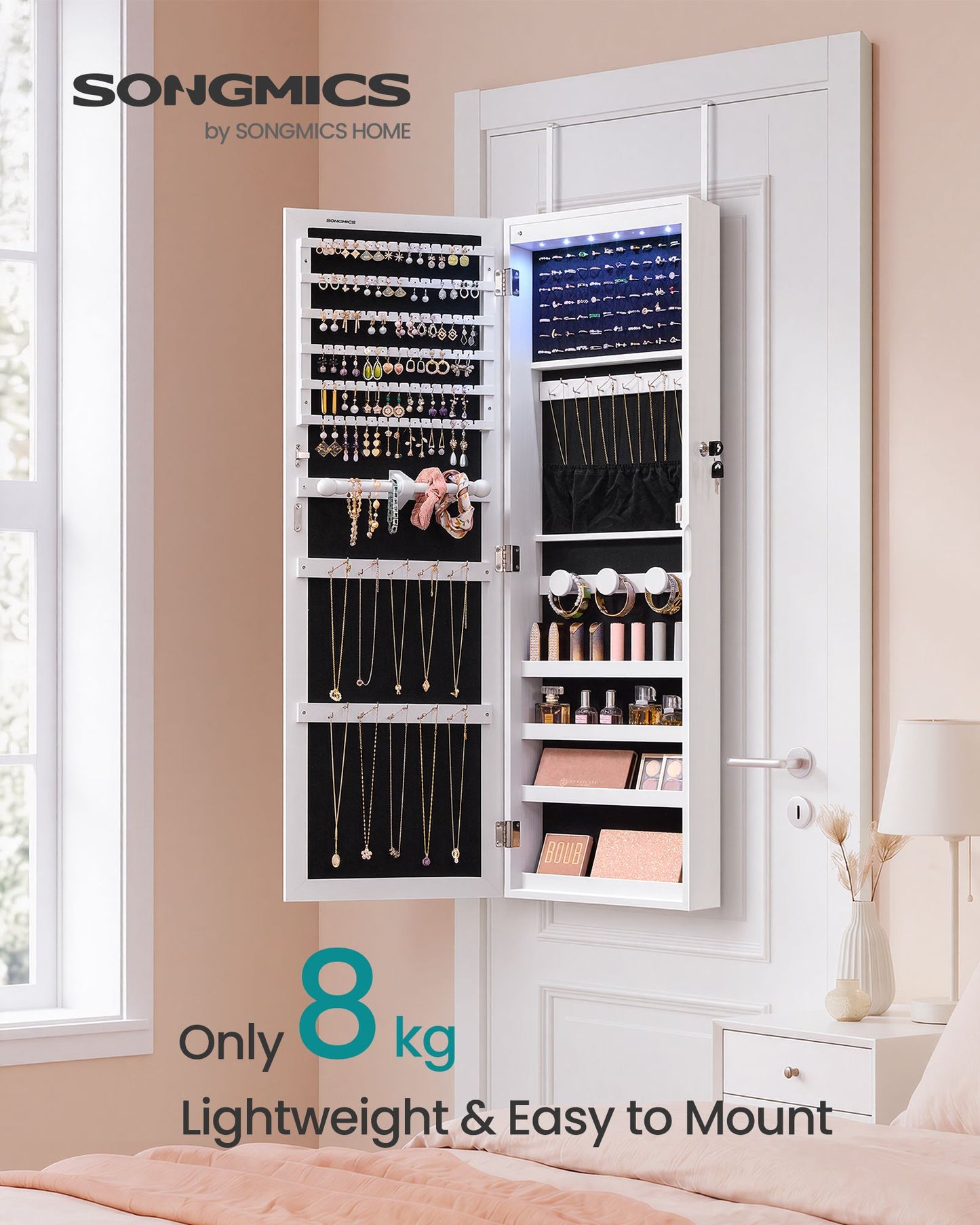 SONGMICS Jewelry Cabinet with LED Lights and Full Length Mirror White – Ink Black and White