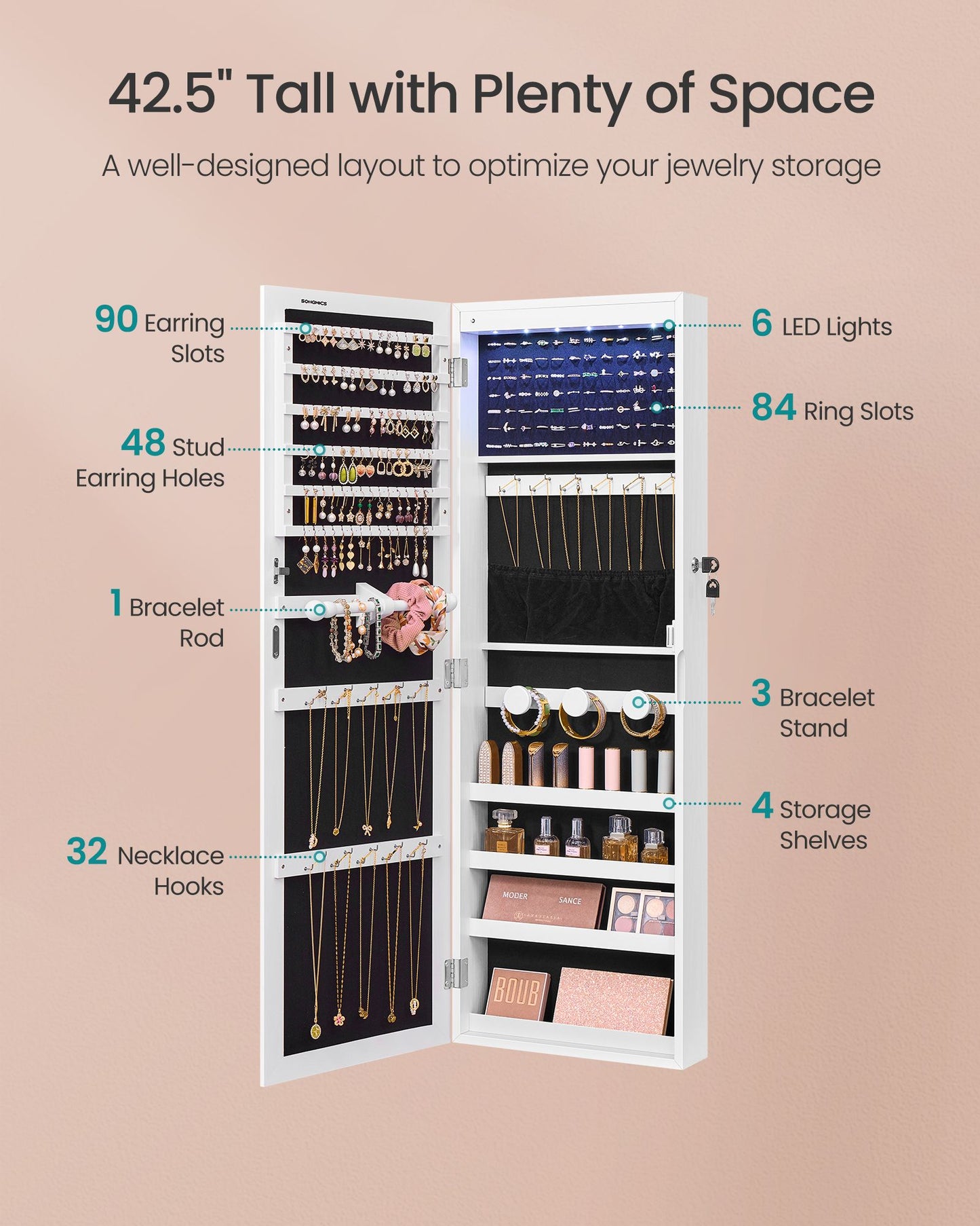 SONGMICS Jewelry Cabinet with LED Lights and Full Length Mirror White – Ink Black and White