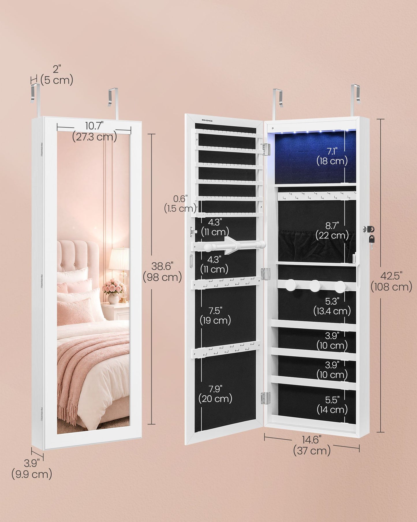 SONGMICS Jewelry Cabinet with LED Lights and Full Length Mirror White – Ink Black and White