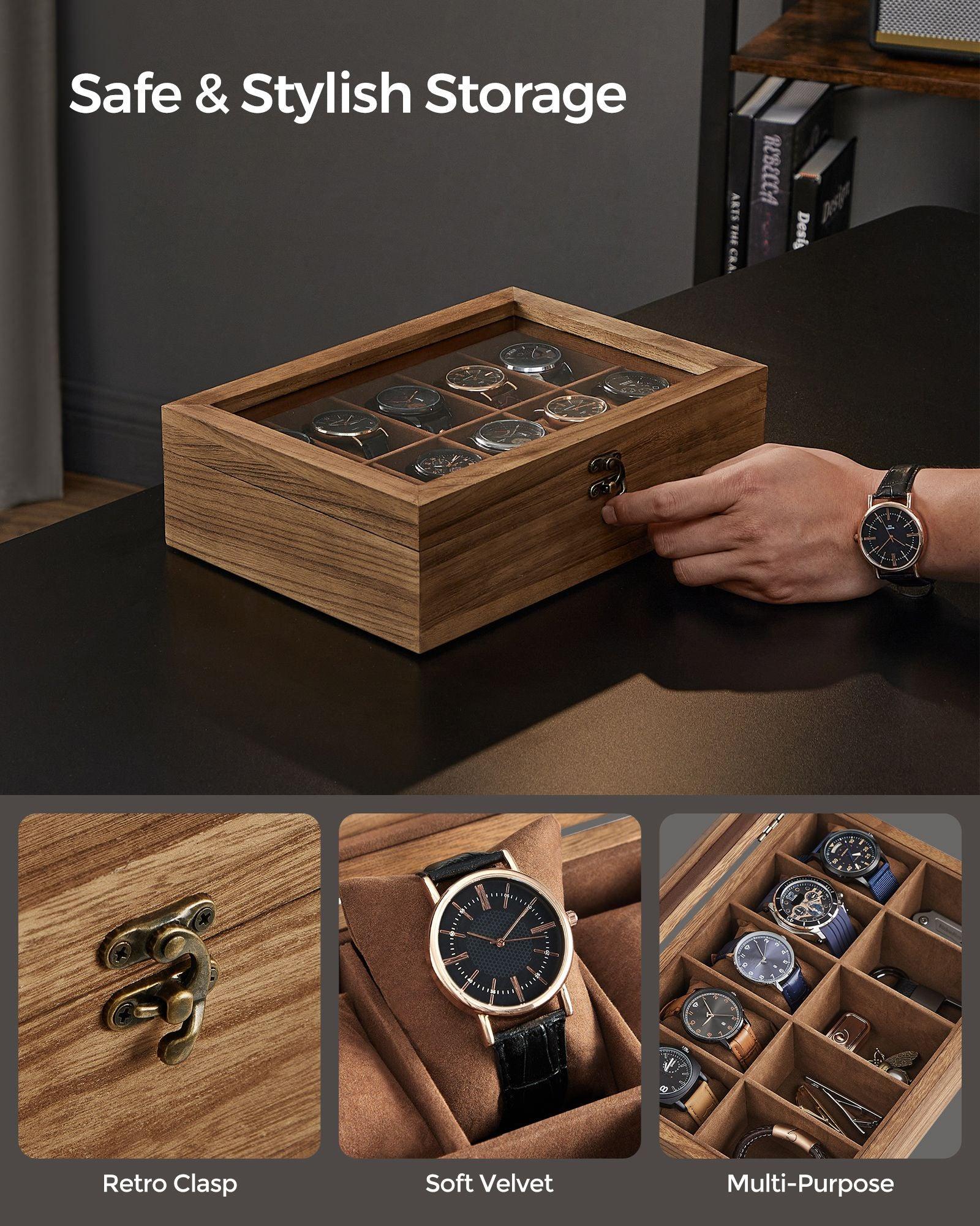10-Slot Solid Wood Watch Box Rustic Walnut FredCo