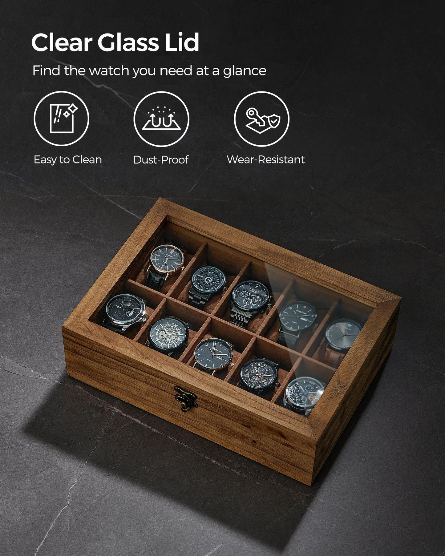 10-Slot Solid Wood Watch Box Rustic Walnut FredCo