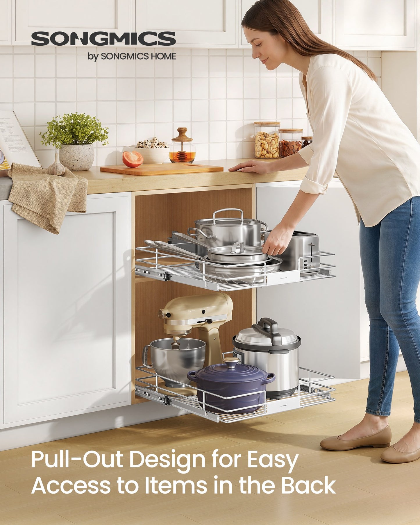 SONGMICS Pull Out Pantry Shelf, Heavy Duty Steel, Slide Out Drawer, 21.3"X20.5"X5.3", Silver