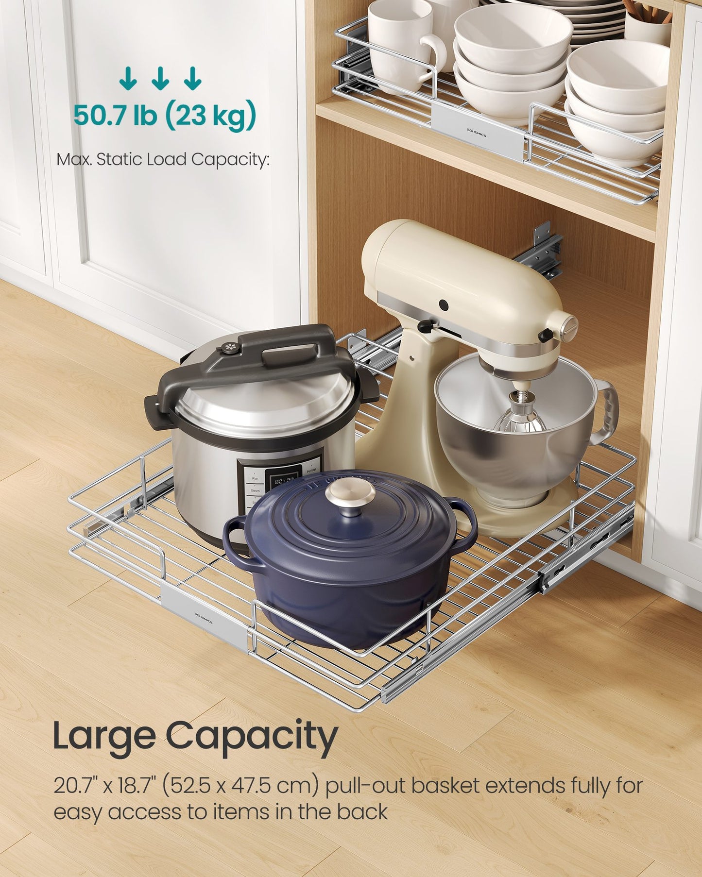 SONGMICS Pull Out Pantry Shelf, Heavy Duty Steel, Slide Out Drawer, 21.3"X20.5"X5.3", Silver
