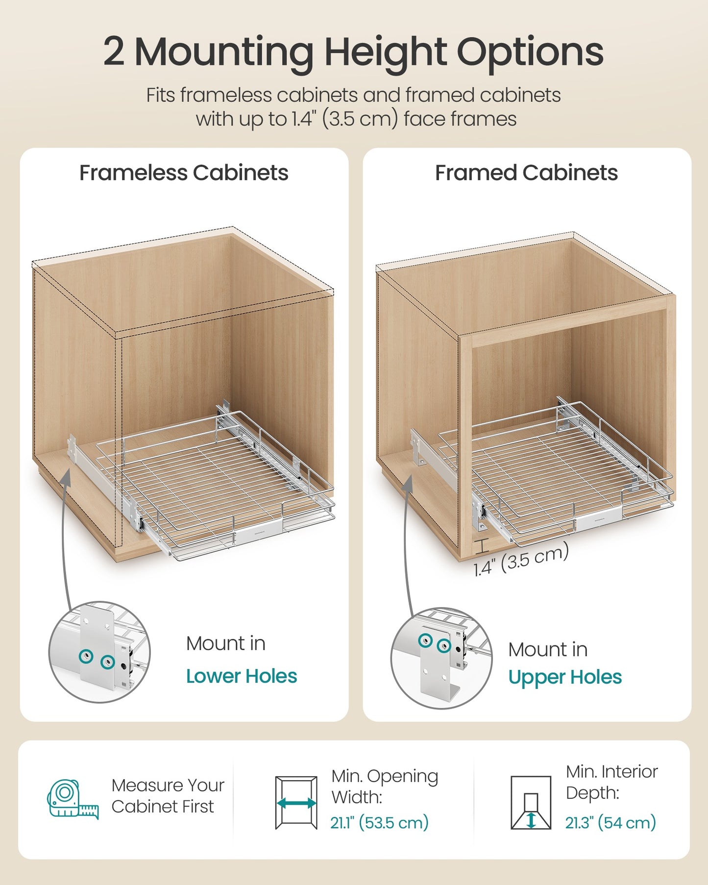 SONGMICS Pull Out Pantry Shelf, Heavy Duty Steel, Slide Out Drawer, 21.3"X20.5"X5.3", Silver