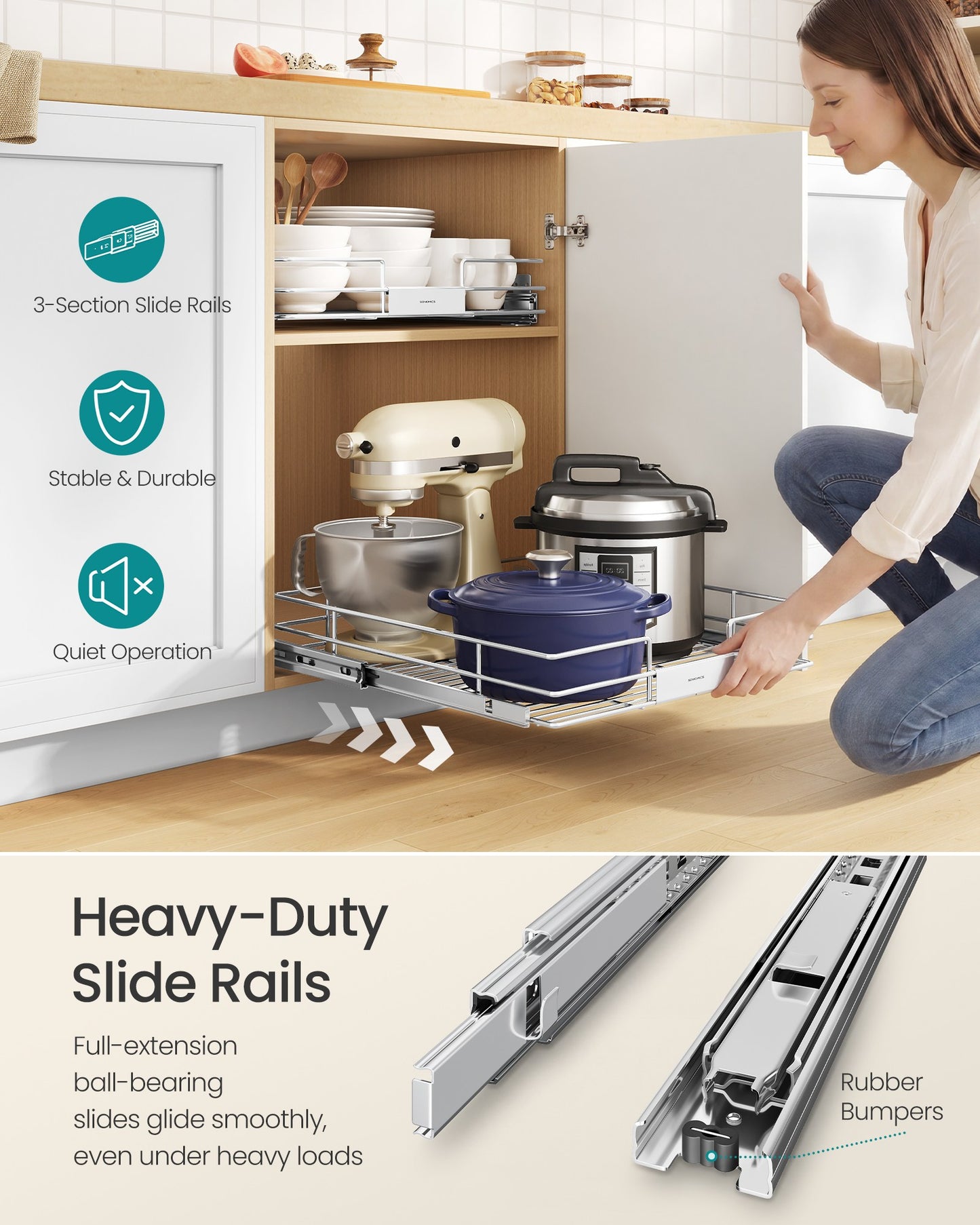 SONGMICS Pull Out Pantry Shelf, Heavy Duty Steel, Slide Out Drawer, 21.3"X20.5"X5.3", Silver