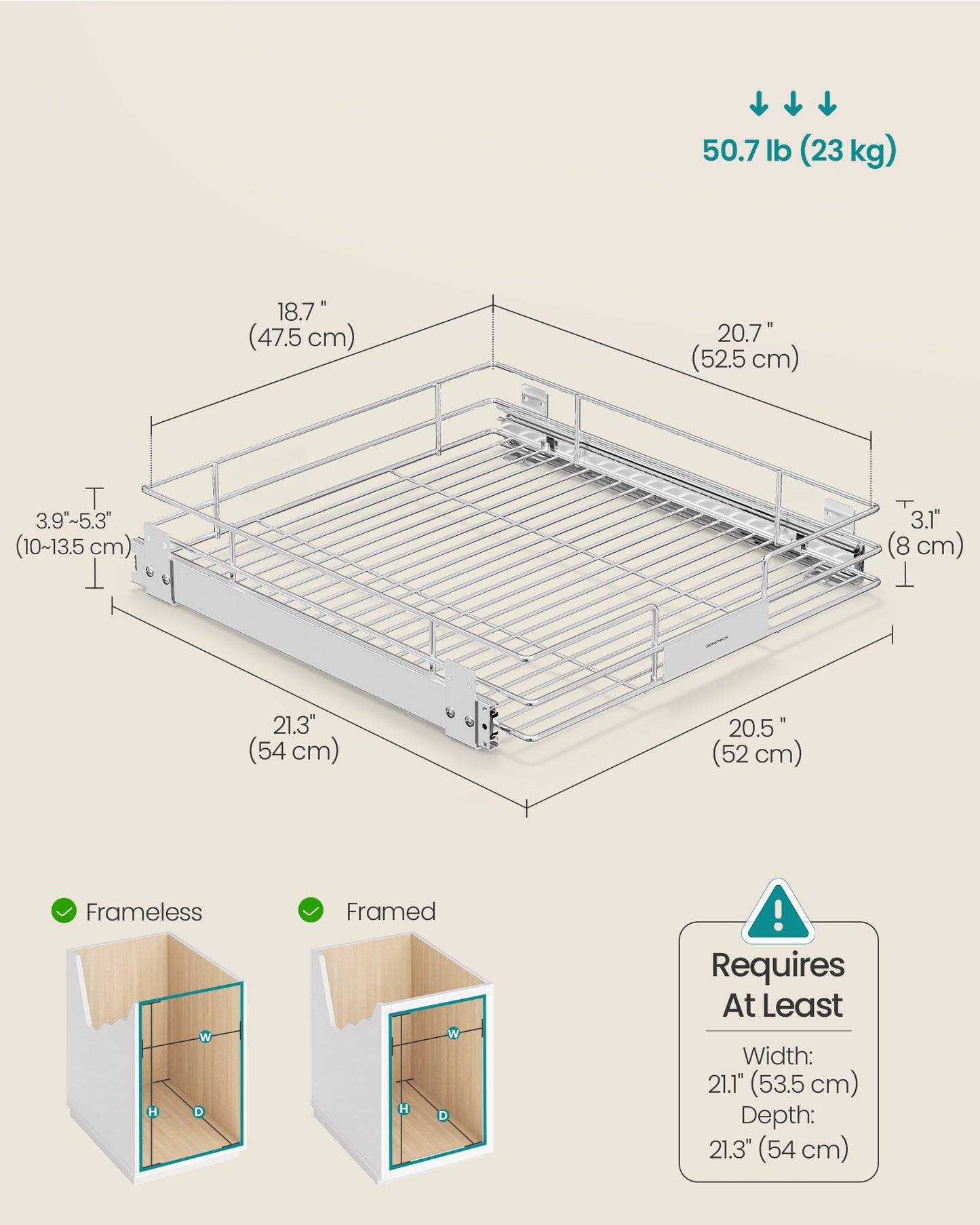 SONGMICS Pull Out Pantry Shelf, Heavy Duty Steel, Slide Out Drawer, 21.3"X20.5"X5.3", Silver