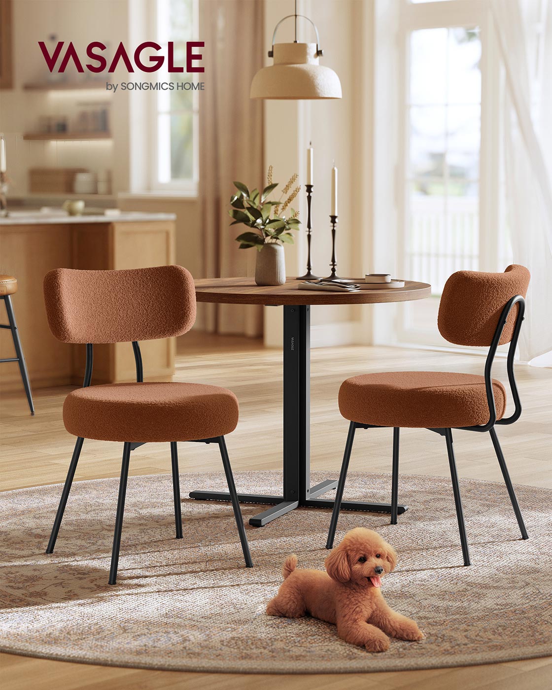 VASAGLE Boucle Dining Chairs Set of 2 Modern Mid Century Coffee Brown
