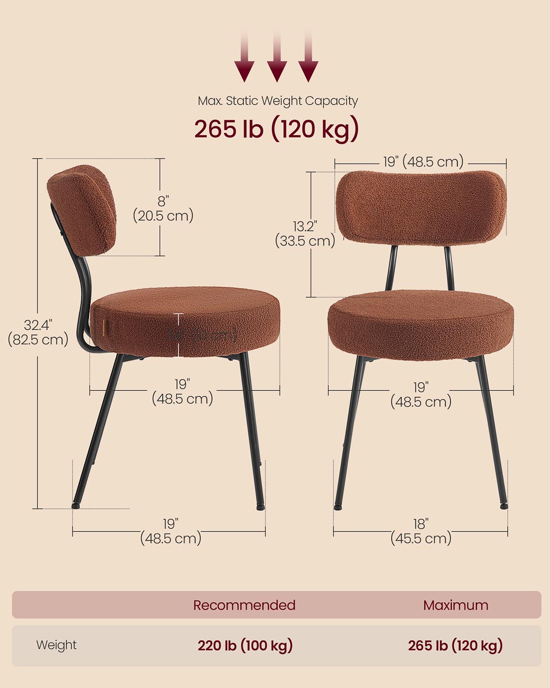 VASAGLE Boucle Dining Chairs Set of 2 Modern Mid Century Coffee Brown