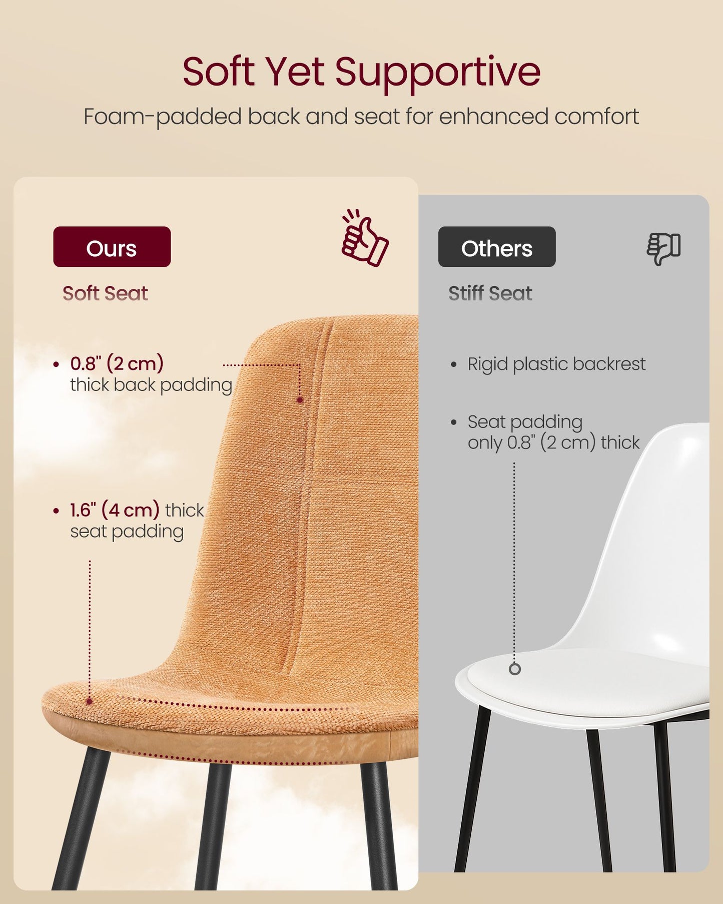 VASAGLE Set of 6 Dining Chairs, Dining Room Kitchen Chairs, Metal Frame, Adjustable Feet – Caramel Brown