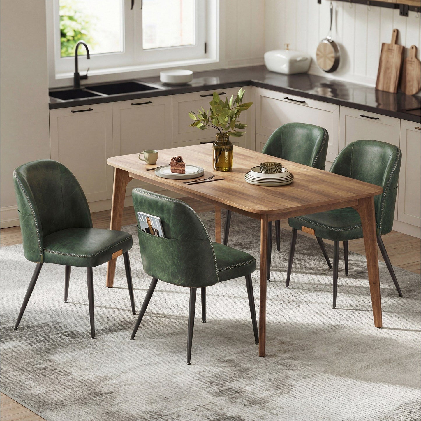 VASAGLE Dining Chairs Set of 4, Upholstered Kitchen Chairs Synthetic Leather with Stitching – Forest Green