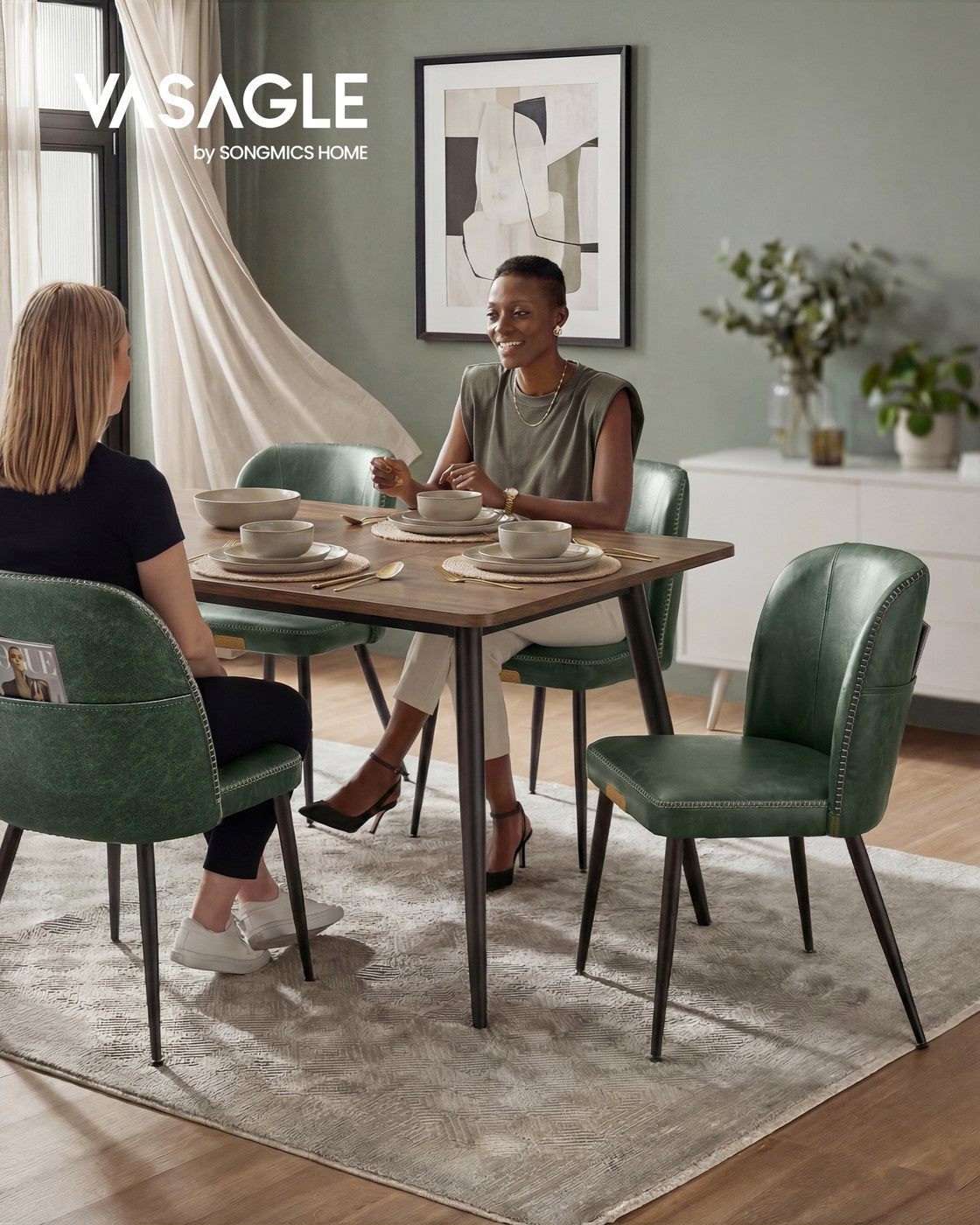 VASAGLE Synthetic Leather Dining Chair with Storage Pocket – Forest Green