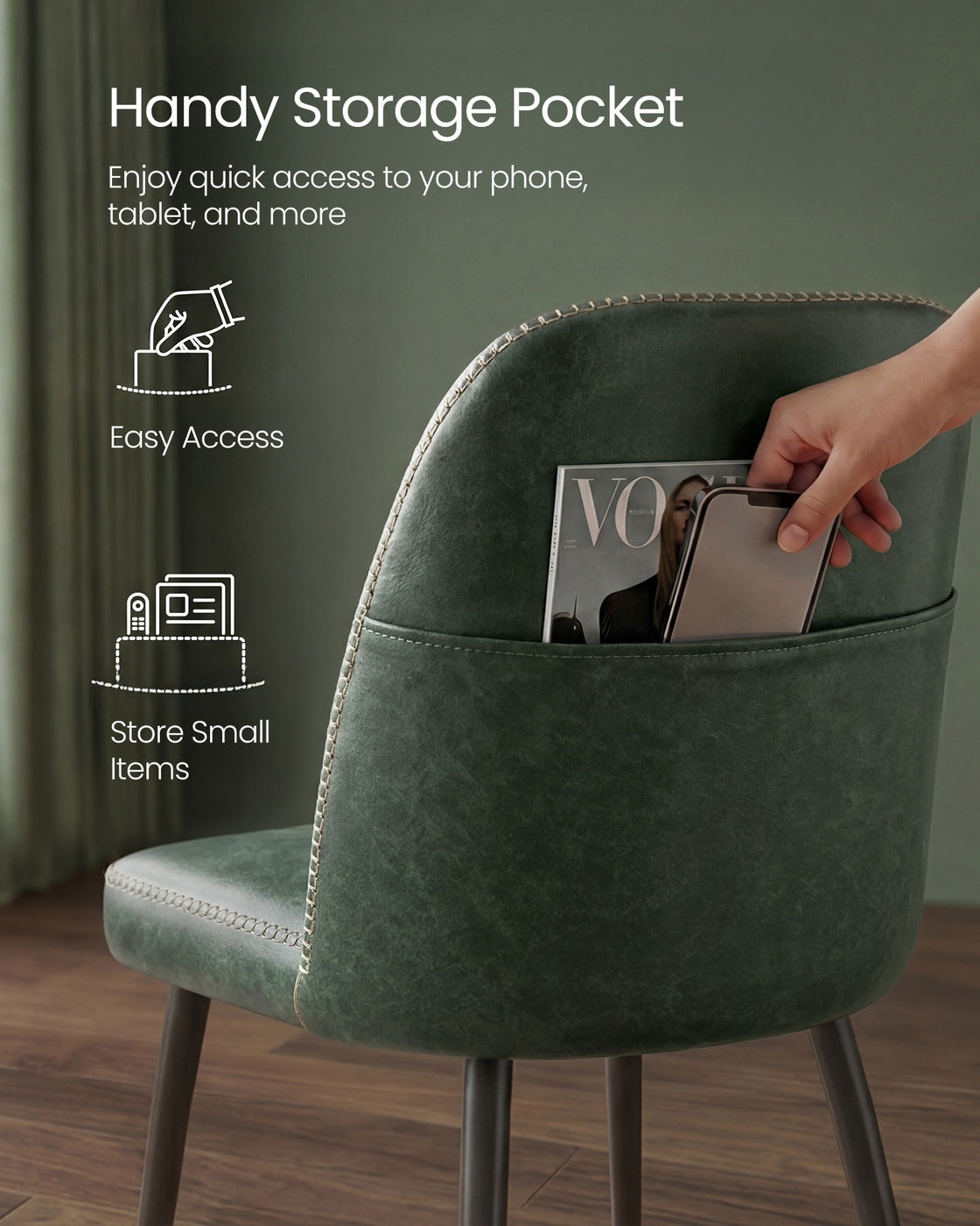 VASAGLE Synthetic Leather Dining Chair with Storage Pocket – Forest Green