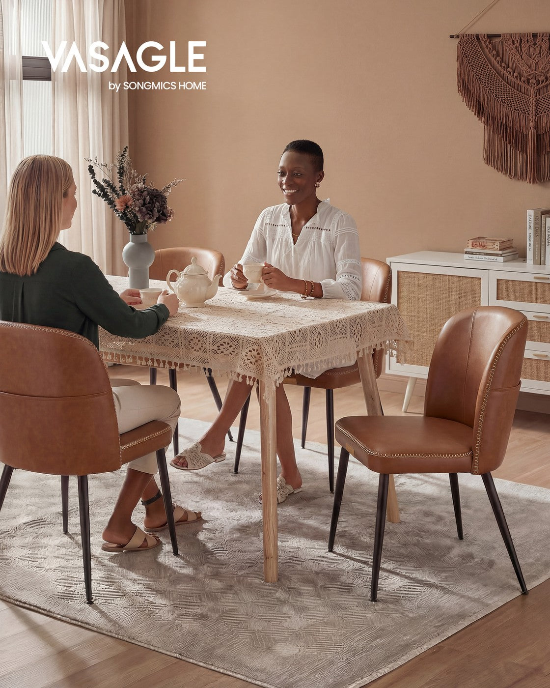 VASAGLE Synthetic Leather Dining Chair with Storage Pocket – Caramel Brown