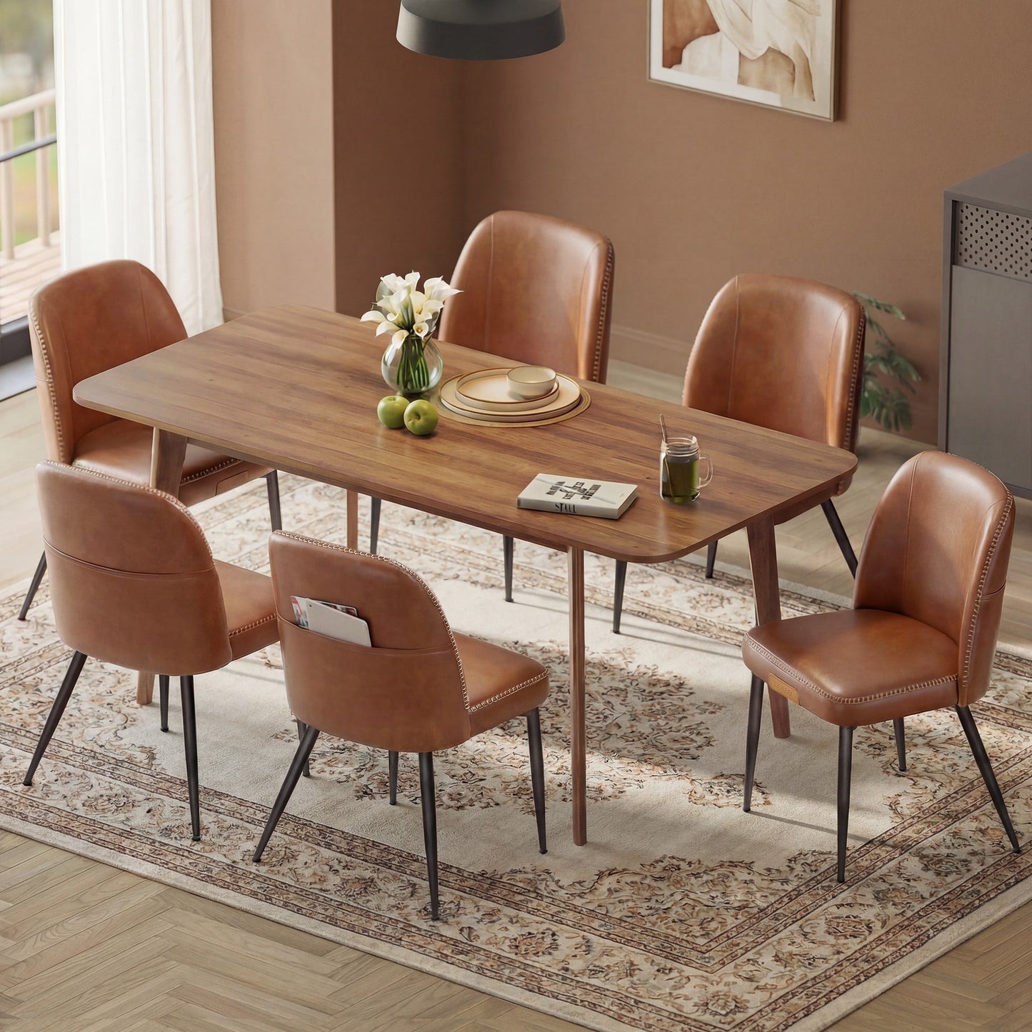 VASAGLE Dining Chairs Set of 6, Upholstered Kitchen Chairs Synthetic Leather with Stitching – Caramel Brown