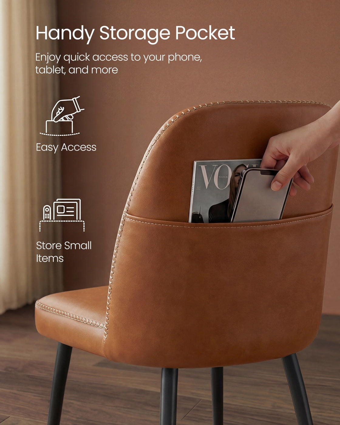 VASAGLE Synthetic Leather Dining Chair with Storage Pocket – Caramel Brown