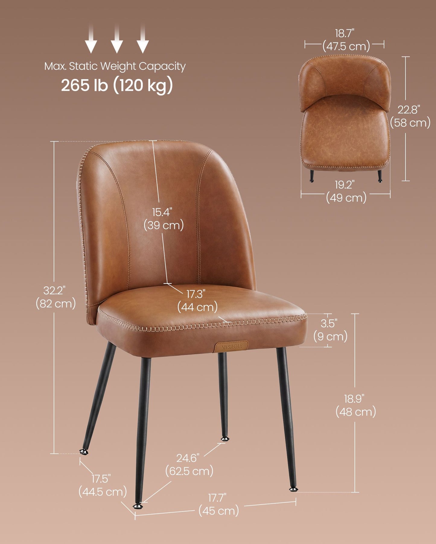 VASAGLE Dining Chairs Set of 6, Upholstered Kitchen Chairs Synthetic Leather with Stitching – Caramel Brown