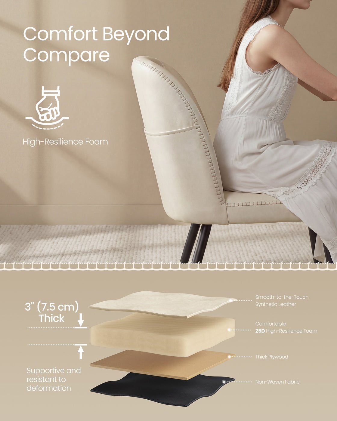 VASAGLE Synthetic Leather Dining Chair with Storage Pocket – Cream White
