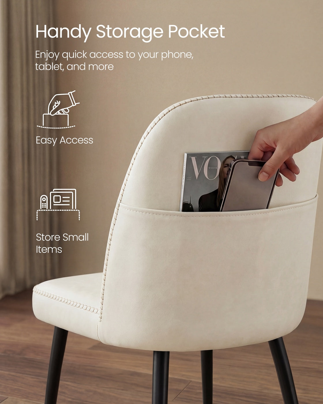 VASAGLE Synthetic Leather Dining Chair with Storage Pocket – Cream White