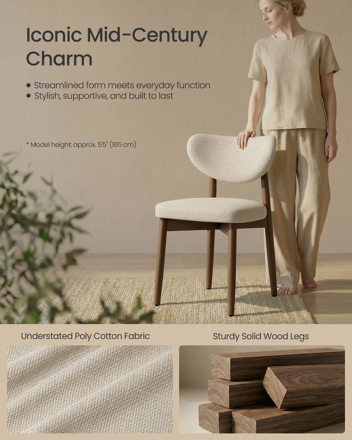 VASAGLE Wooden Dining Chairs Set of 6, Cappuccino Beige