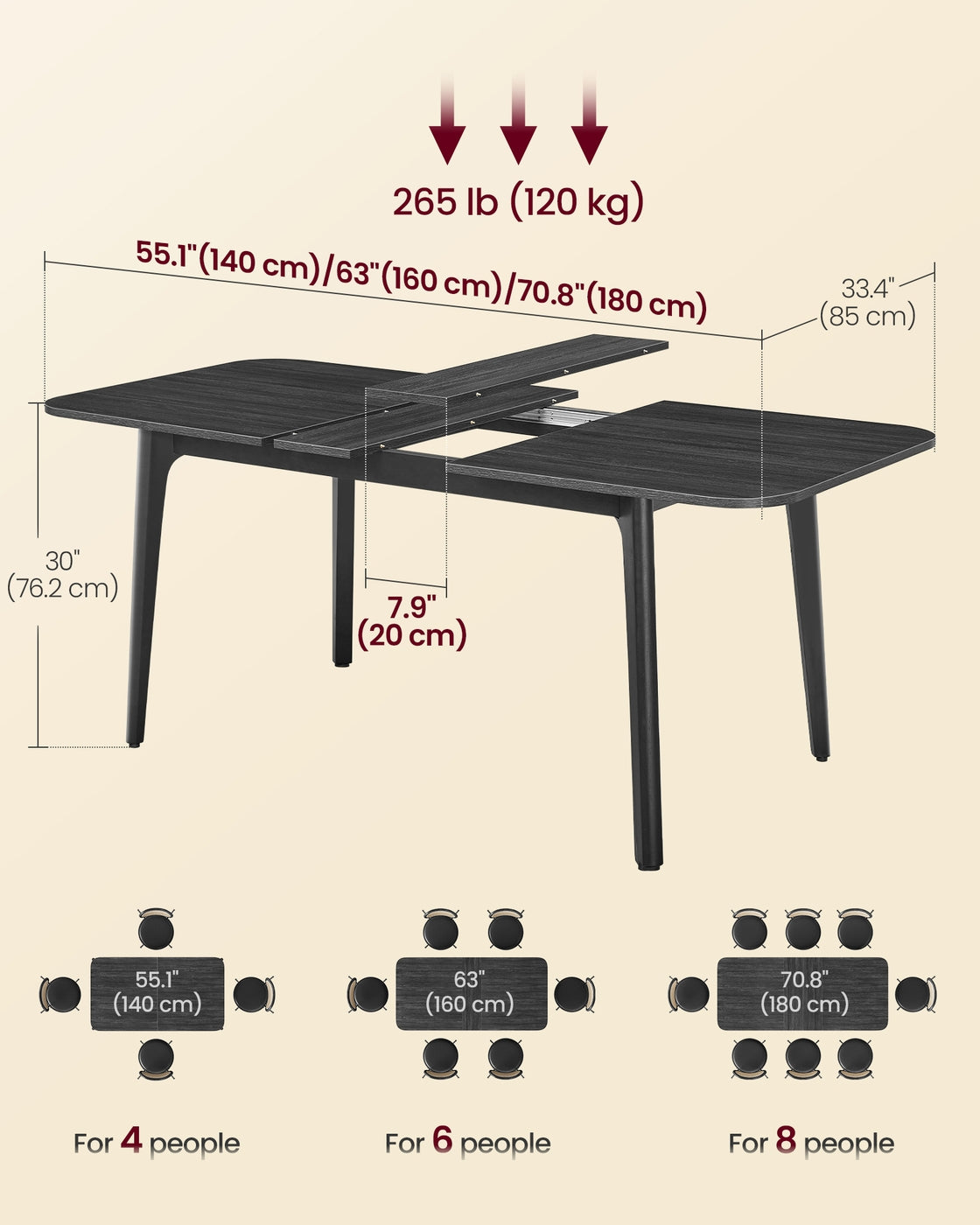 VASAGLE Maezo Extendable Dining Table for 4/6/8 – Charcoal Gray
