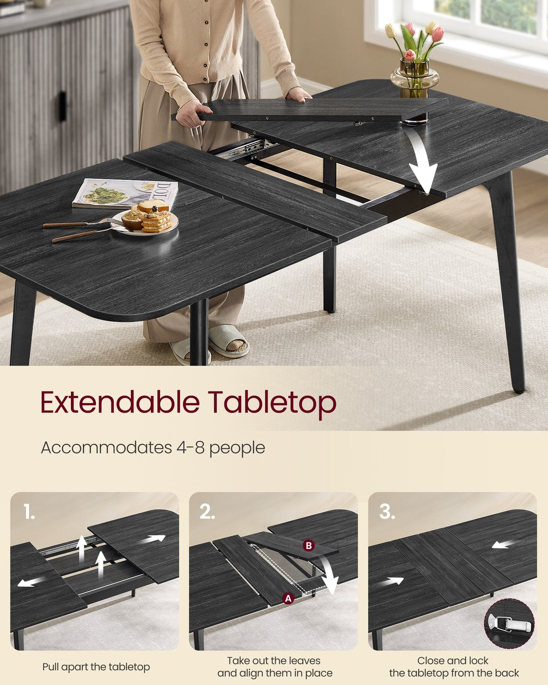 VASAGLE Maezo Extendable Dining Table for 4/6/8 – Charcoal Gray