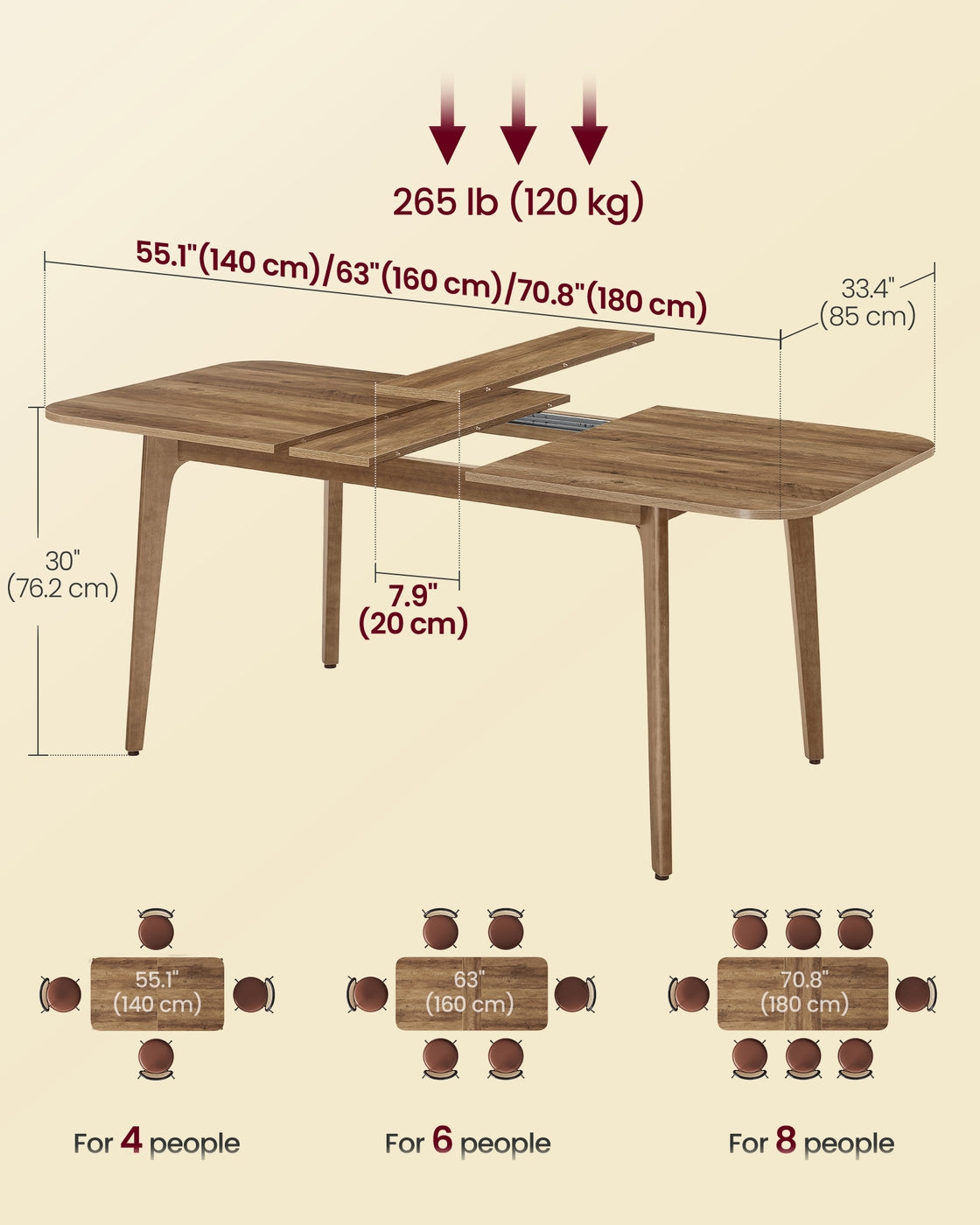 VASAGLE Maezo Extendable Dining Table for 4/6/8 – Honey Brown