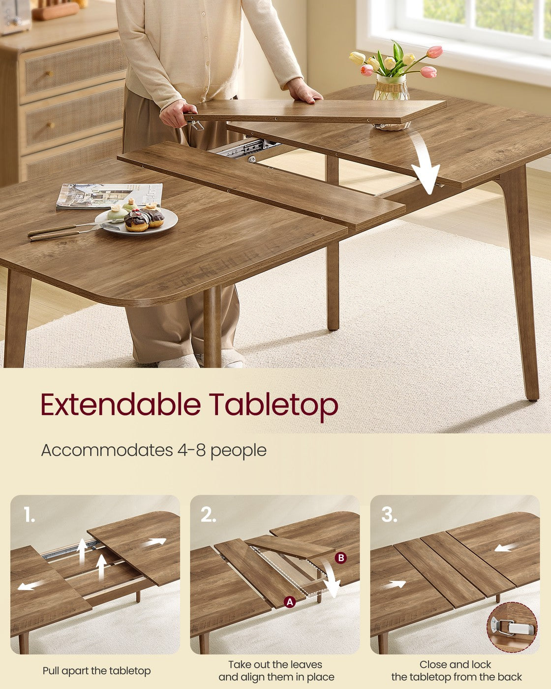 VASAGLE Maezo Extendable Dining Table for 4/6/8 – Honey Brown