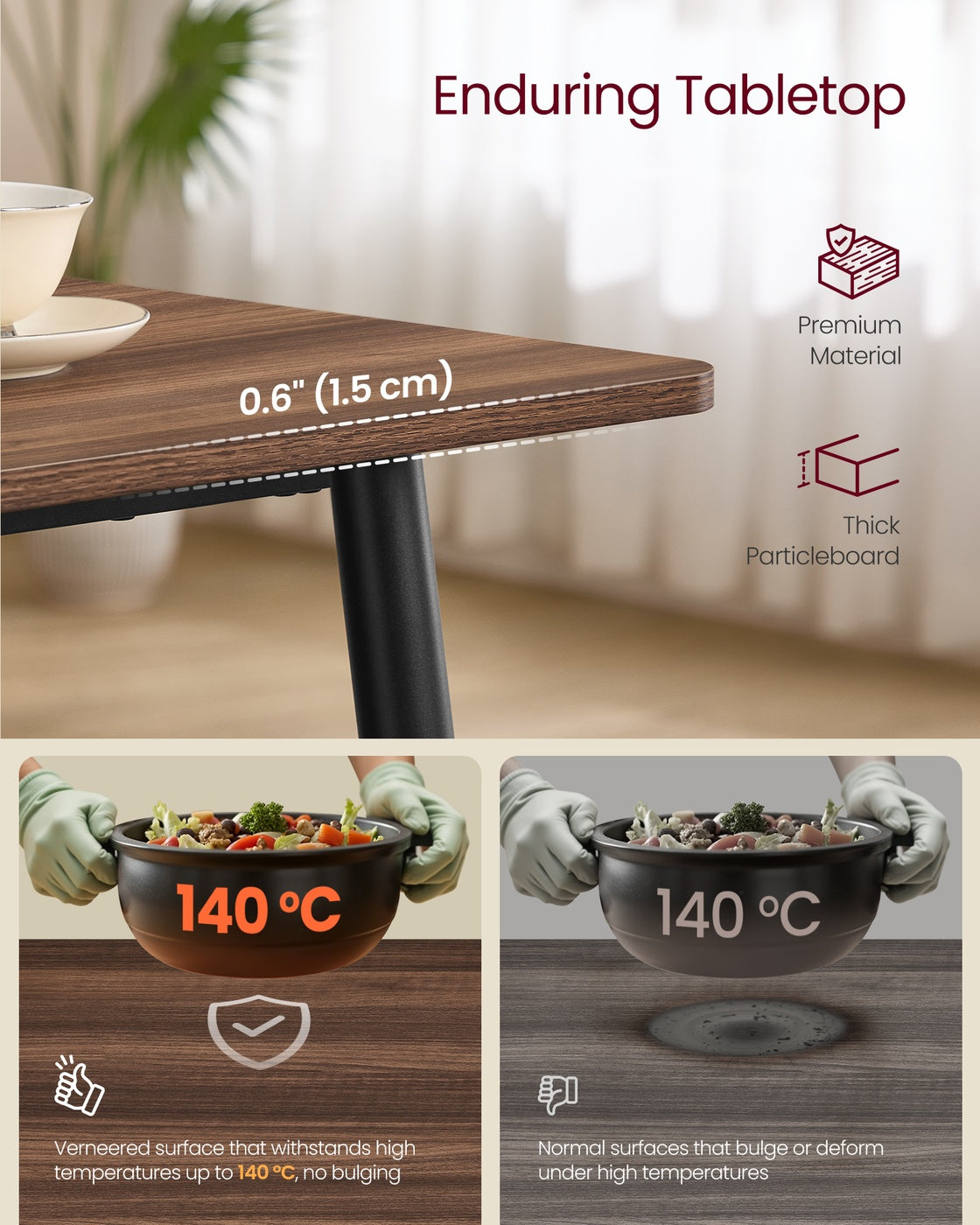 VASAGLE 55.1" Dining Table for 4-6 People, Modern Kitchen Table – Natural Walnut, Ink Black