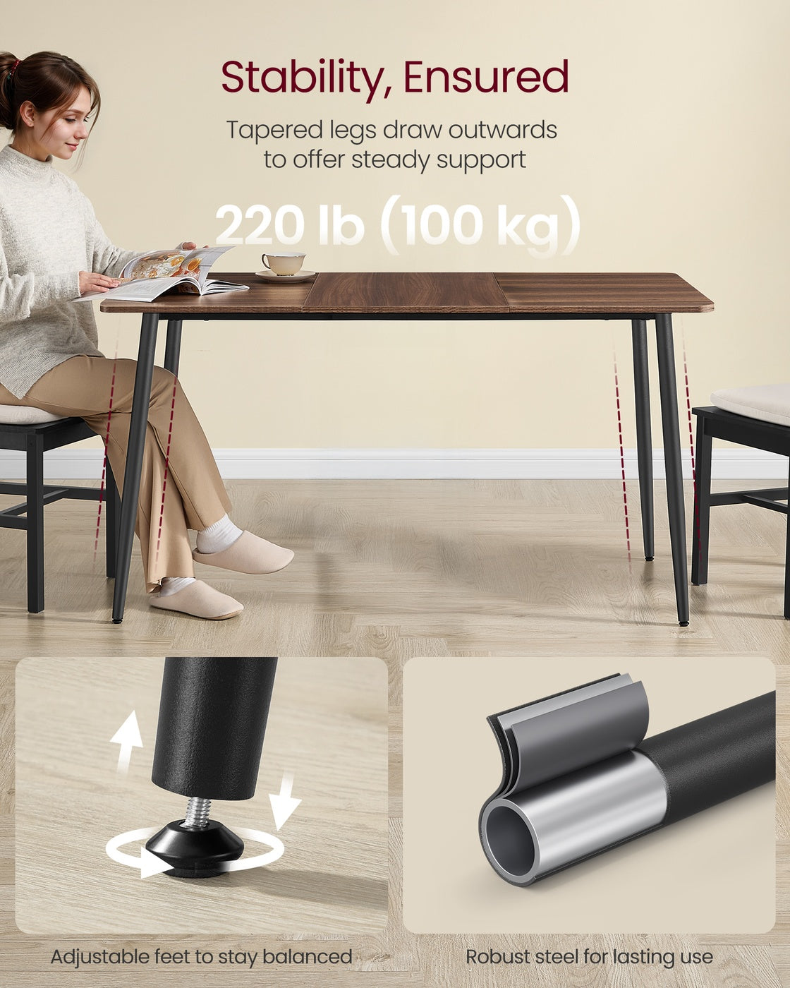 VASAGLE 55.1" Dining Table for 4-6 People, Modern Kitchen Table – Natural Walnut, Ink Black