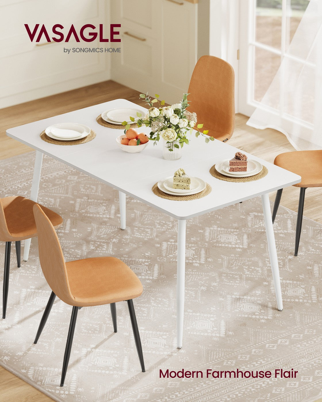 VASAGLE 55.1" Dining Table for 4-6 People, Modern Kitchen Table – Snow White
