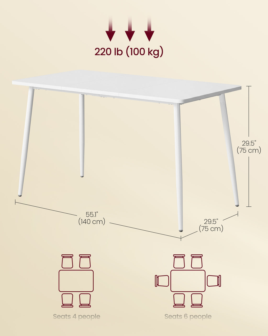 VASAGLE 55.1" Dining Table for 4-6 People, Modern Kitchen Table – Snow White