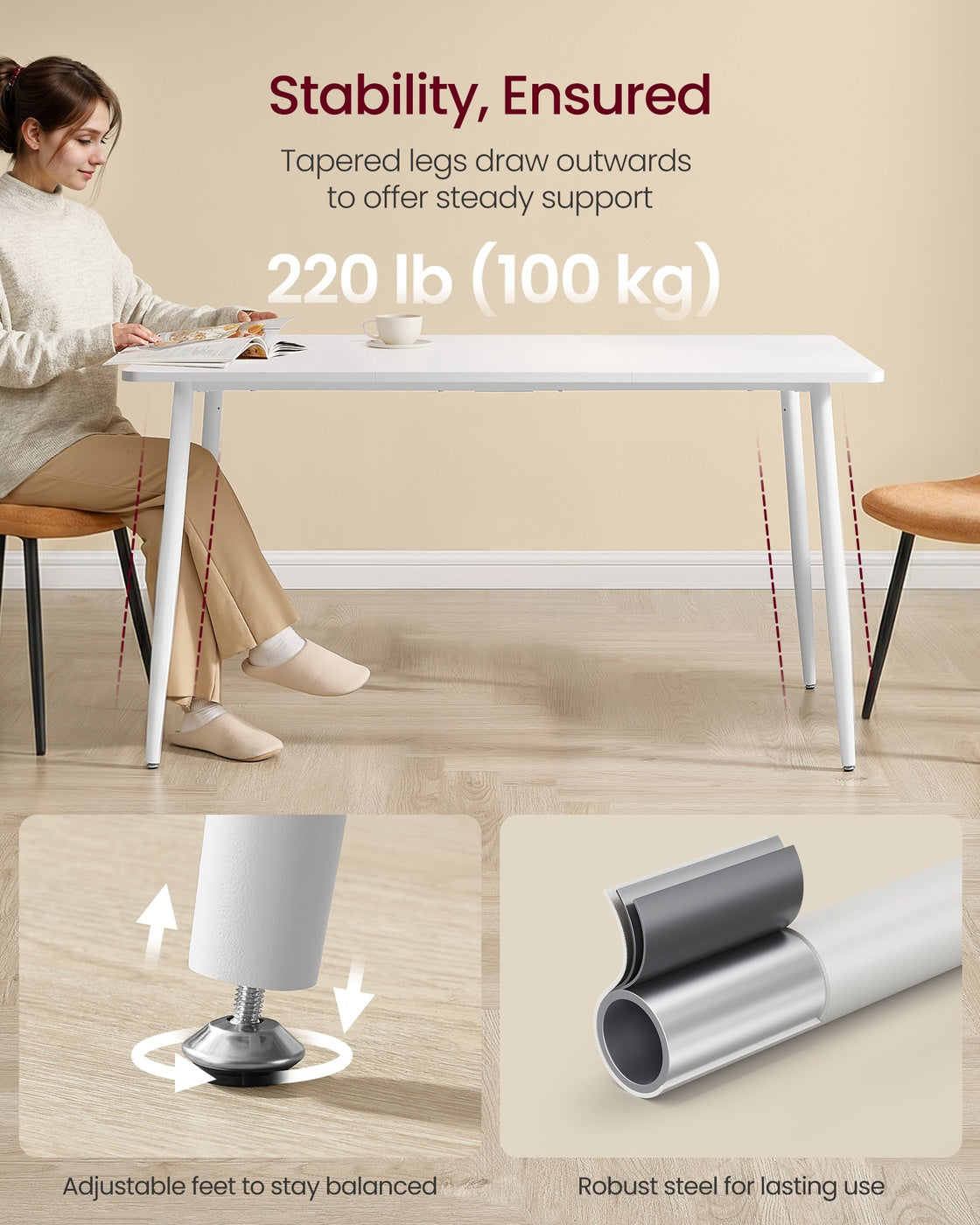 VASAGLE 55.1" Dining Table for 4-6 People, Modern Kitchen Table – Snow White
