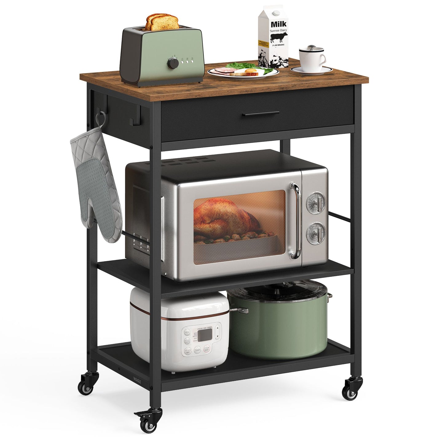 VASAGLE Rustic Brown and Black Kitchen Island Cart with Drawer and Hooks – Rustic Brown and Ink Black