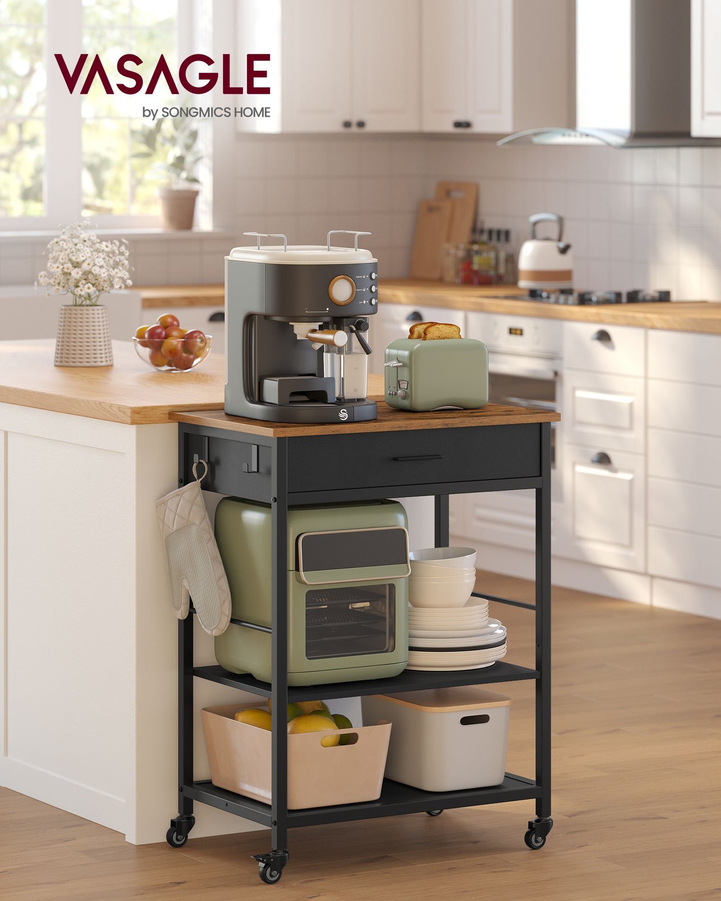 VASAGLE Rustic Brown and Black Kitchen Island Cart with Drawer and Hooks – Rustic Brown and Ink Black