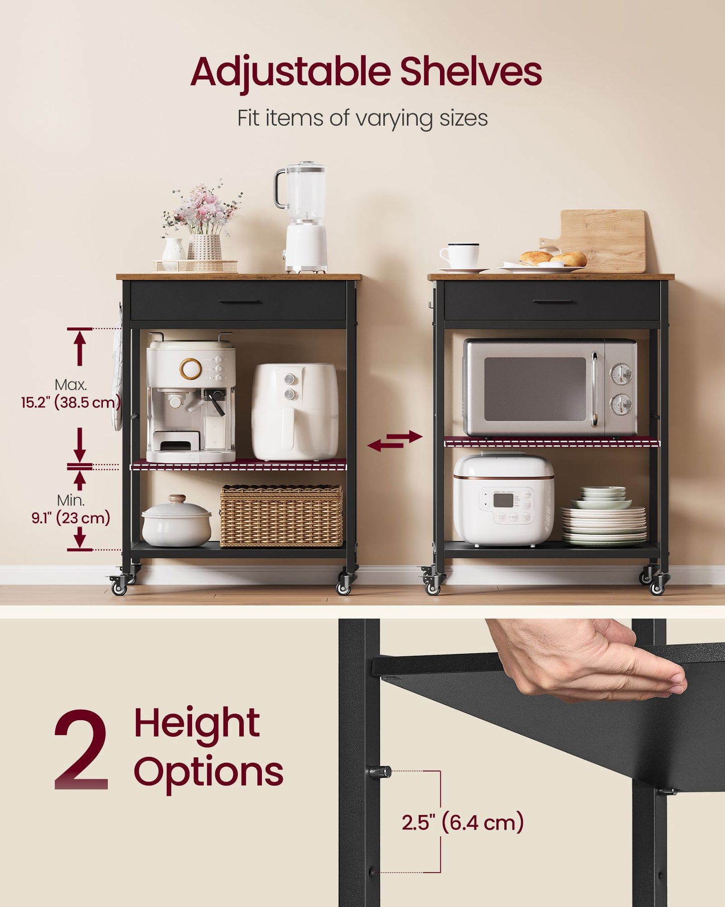 VASAGLE Rustic Brown and Black Kitchen Island Cart with Drawer and Hooks – Rustic Brown and Ink Black