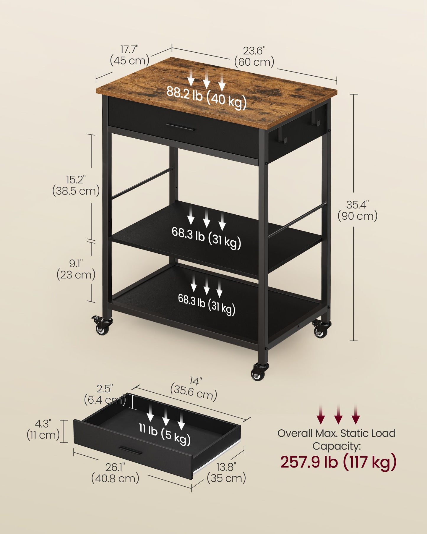 VASAGLE Rustic Brown and Black Kitchen Island Cart with Drawer and Hooks – Rustic Brown and Ink Black