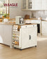 VASAGLE Mobile Kitchen Island, Portable Island with Spice Rack, Mobile Cart with Storage Cabinet – Rustic White, Honey Brown