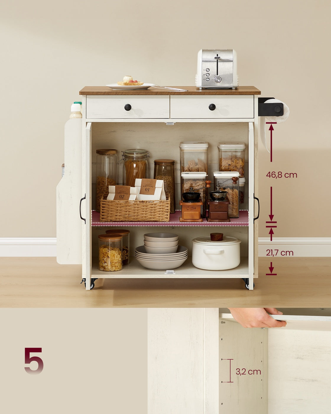 VASAGLE Mobile Kitchen Island, Portable Island with Spice Rack, Mobile Cart with Storage Cabinet – Rustic White, Honey Brown
